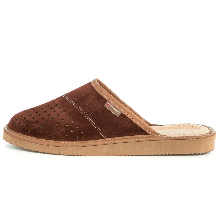 Kapcie Męskie Skórzane Zamszowe Brązowe PanSzew