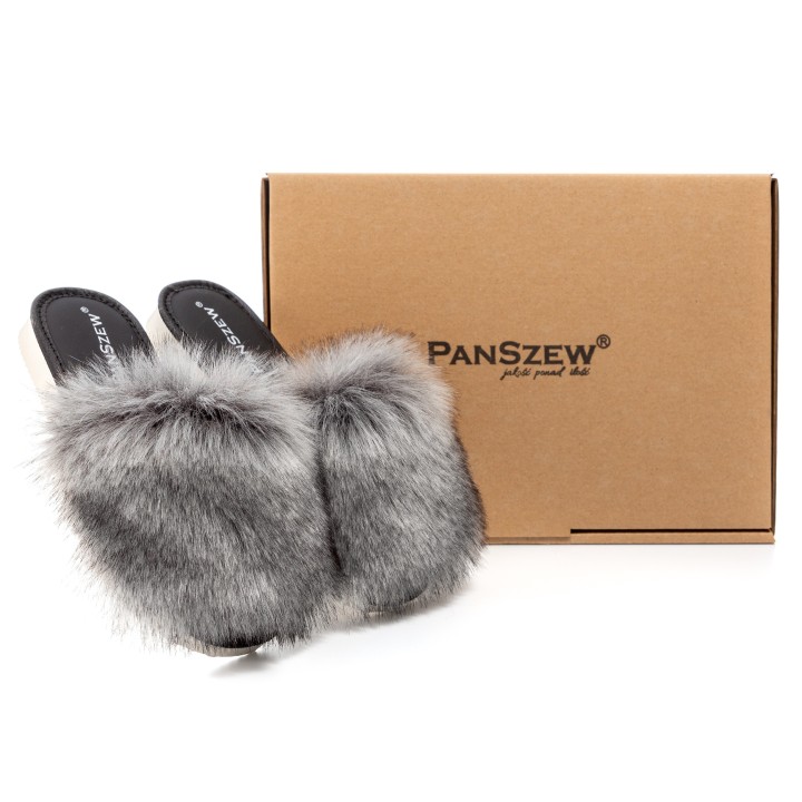 Klapki damskie odkryte futrzane, skóra perforowana -PanSzew.pl