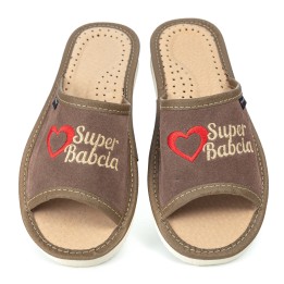 Kapcie Skórzane Dla Babci z Haftem "Super Babcia"