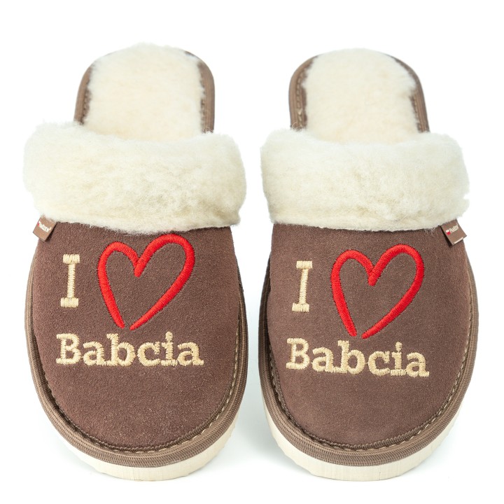 Kapcie Skórzane Dla Babci z Haftem "I LOVE Babcia"