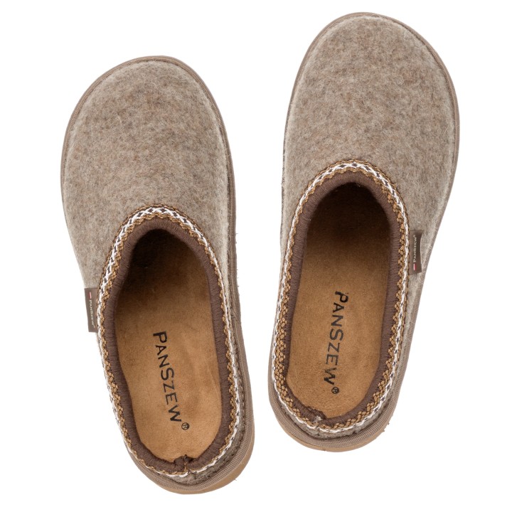 Ciepłe Kapcie Damskie BAREFOOT Filcowe Pantofle z Wełny Naturalnej Brązowe -PanSzew.pl