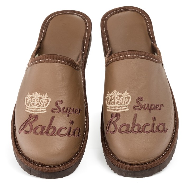 Kapcie Skórzane Dla Babci z Haftem Super Babcia PanSzew