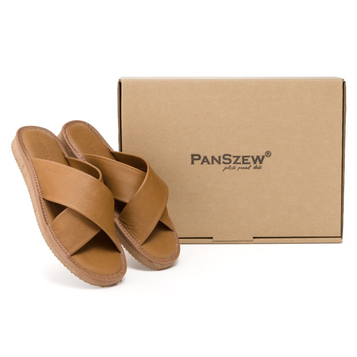 Kapcie Skórzane Damskie Klapki Brązowe Premium PanSzew