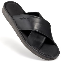Kapcie Skórzane Damskie Klapki Czarne Premium PanSzew