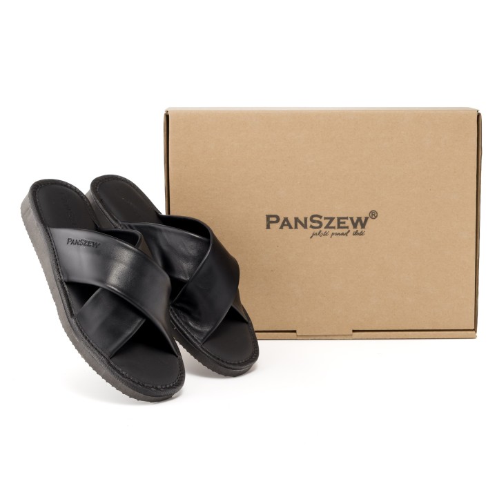 Kapcie Skórzane Damskie Klapki Czarne Premium PanSzew