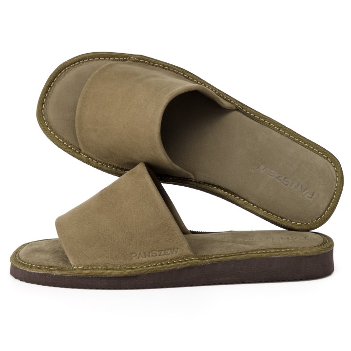 Kapcie Męskie Skórzane Nubukowe Khaki Premium PanSzew®