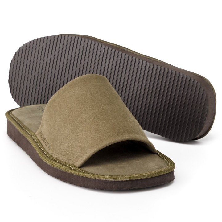 Kapcie Męskie Skórzane Nubukowe Khaki Premium PanSzew®