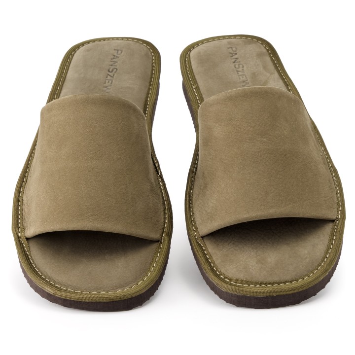 Kapcie Męskie Skórzane Nubukowe Khaki Premium PanSzew®