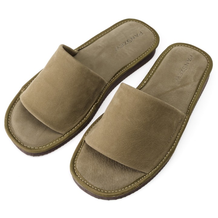 Kapcie Męskie Skórzane Nubukowe Khaki Premium PanSzew®