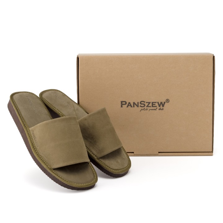 Kapcie Męskie Skórzane Nubukowe Khaki Premium PanSzew®