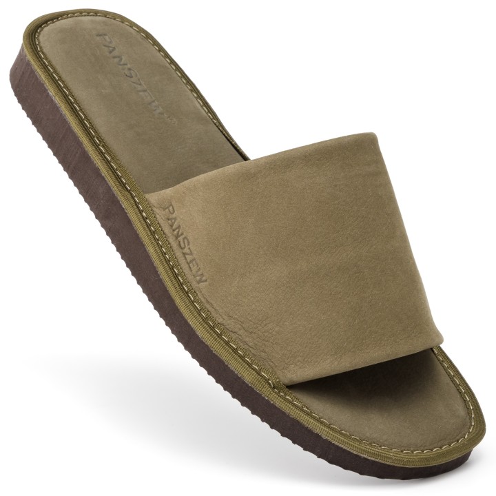 Kapcie Męskie Skórzane Nubukowe Khaki Premium PanSzew®