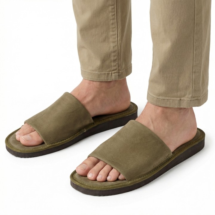Kapcie Męskie Skórzane Nubukowe Khaki Premium PanSzew®