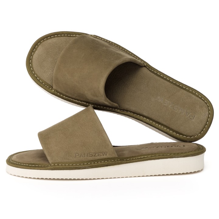 Kapcie Skórzane Damskie z Nubuku Khaki Premium PanSzew®