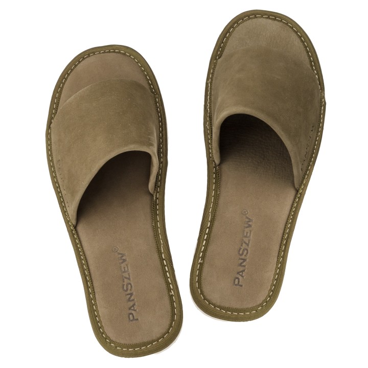 Kapcie Skórzane Damskie z Nubuku Khaki Premium PanSzew®