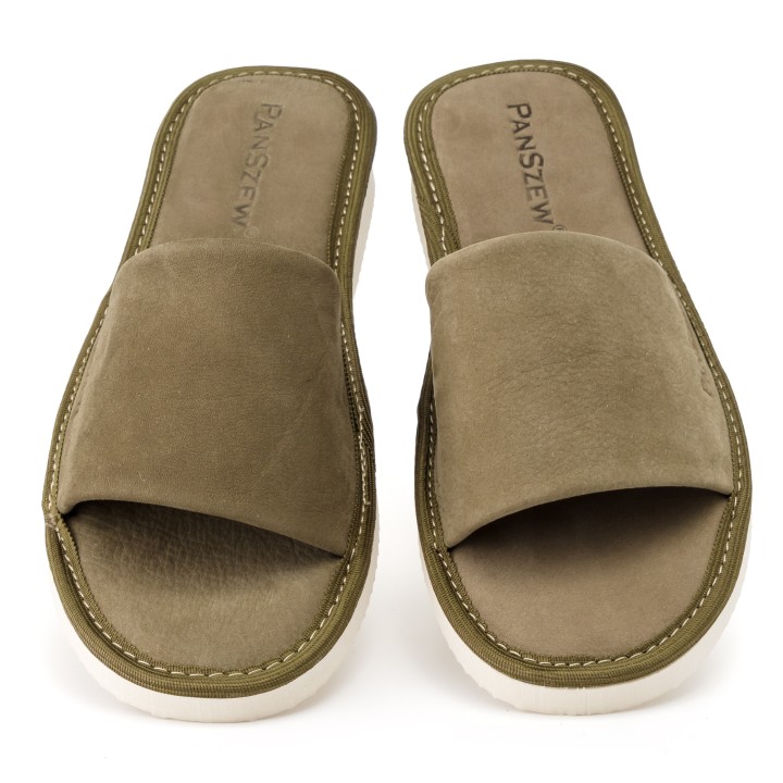 Kapcie Skórzane Damskie z Nubuku Khaki Premium PanSzew®