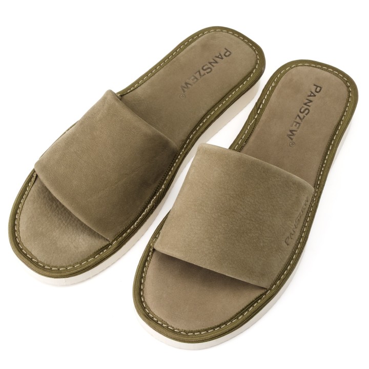 Kapcie Skórzane Damskie z Nubuku Khaki Premium PanSzew®