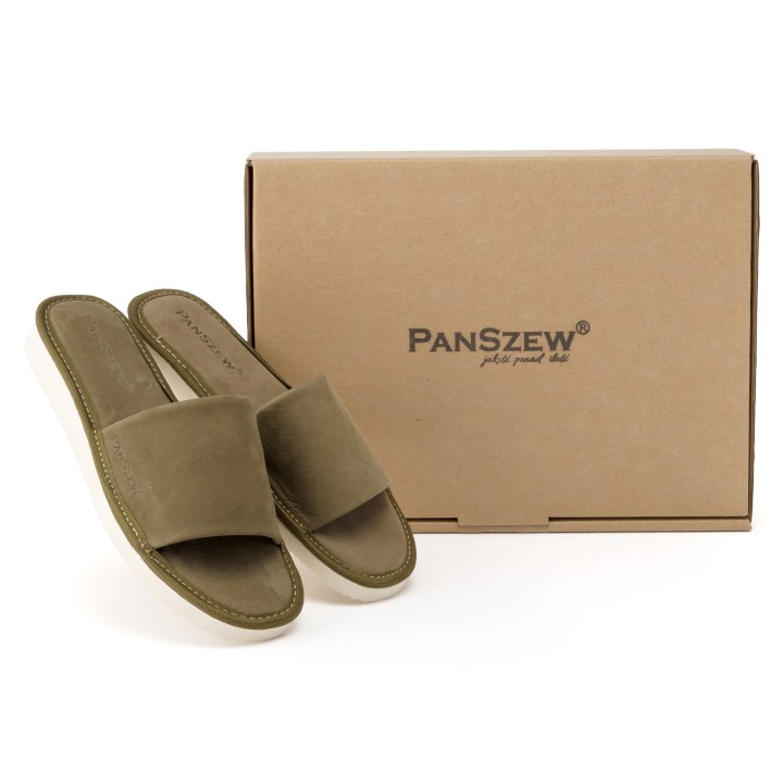 Kapcie Skórzane Damskie z Nubuku Khaki Premium PanSzew®