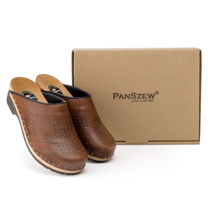 Drewniaki Męskie Skórzane z Dziurkami Brązowe Premium PanSzew®