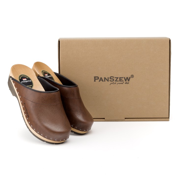 Drewniaki Damskie Skórzane Brązowe Premium PanSzew®