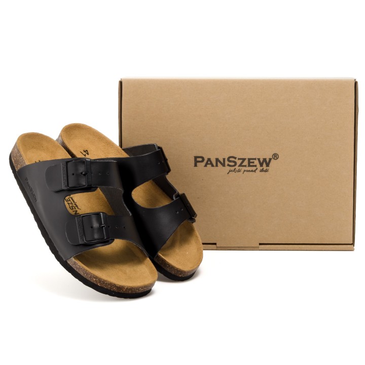 Klapki Skórzane Męskie na Korku Czarne Premium PanSzew®