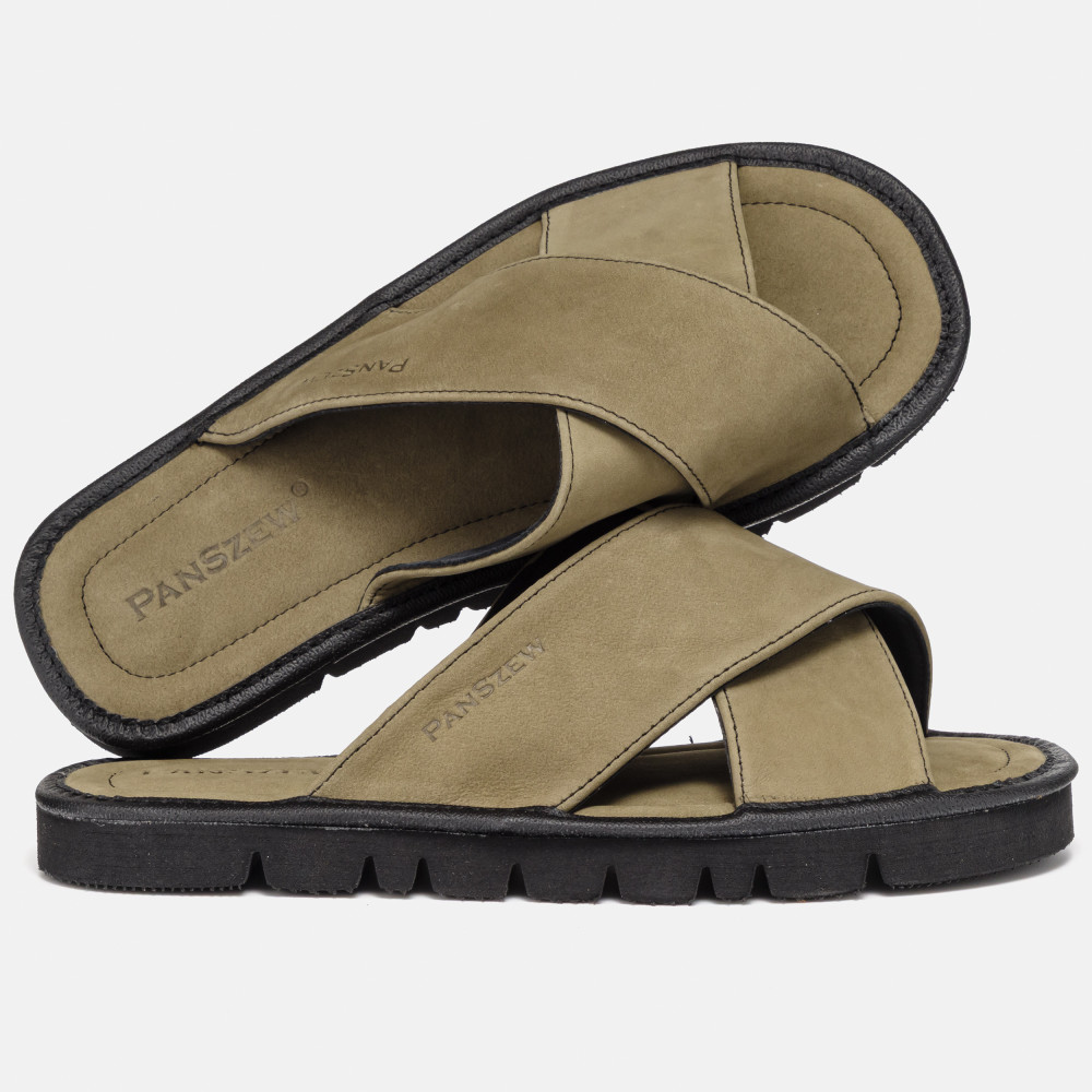 Klapki Męskie Skórzane z Nubuku Khaki Kapcie Premium CROSSLINE PanSzew®