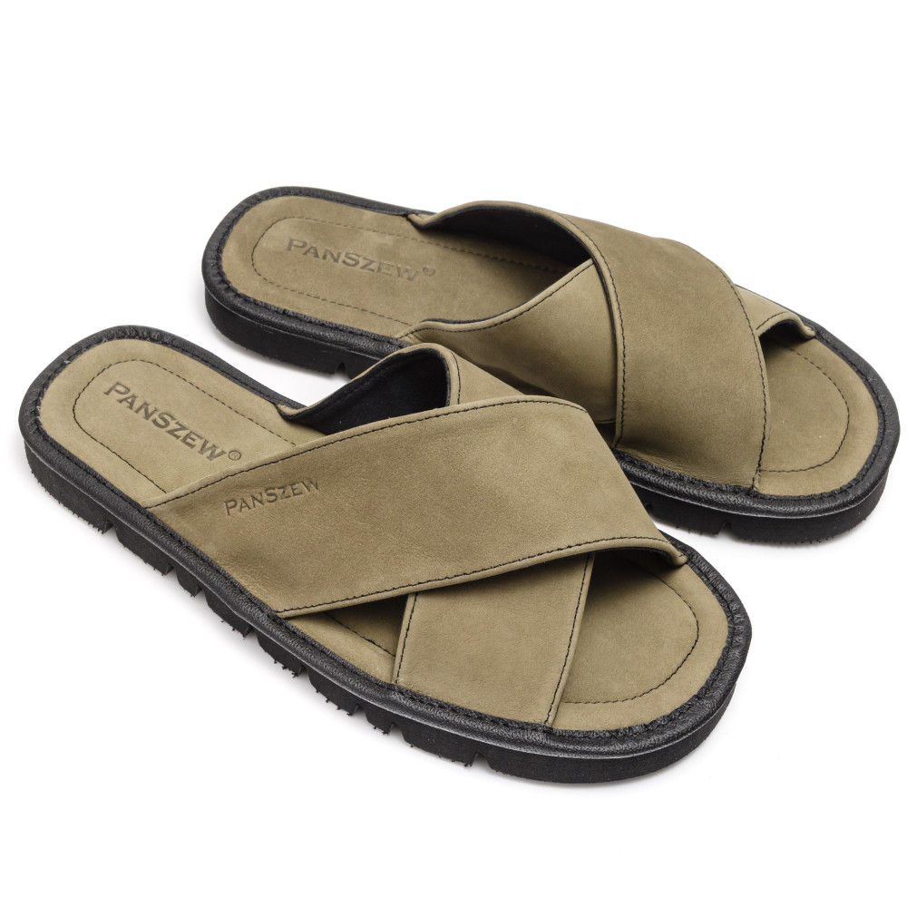 Klapki Męskie Skórzane z Nubuku Khaki Kapcie Premium CROSSLINE PanSzew®