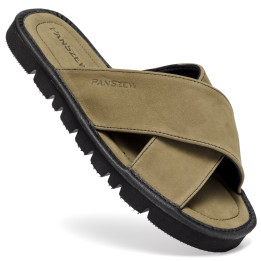 Klapki Męskie Skórzane z Nubuku Khaki Kapcie Premium CROSSLINE PanSzew®