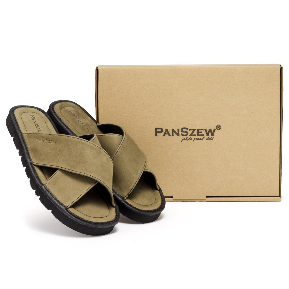 Klapki Męskie Skórzane z Nubuku Khaki Kapcie Premium CROSSLINE PanSzew®