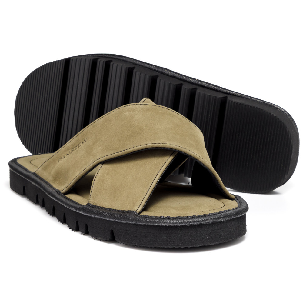 Klapki Męskie Skórzane z Nubuku Khaki Kapcie Premium CROSSLINE PanSzew®