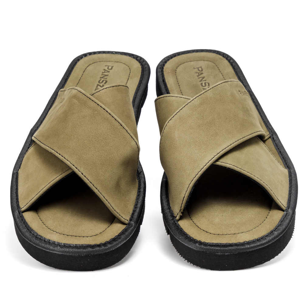 Klapki Męskie Skórzane z Nubuku Khaki Kapcie Premium CROSSLINE PanSzew®