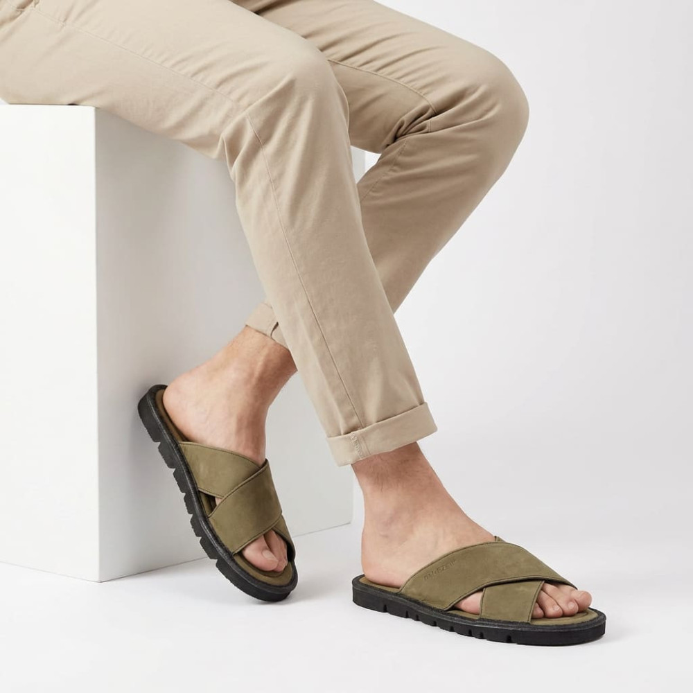 Klapki Męskie Skórzane z Nubuku Khaki Kapcie Premium CROSSLINE PanSzew®