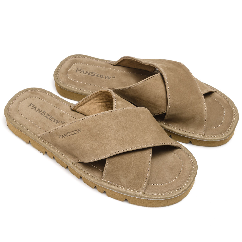 Klapki Męskie Skórzane z Nubuku Camel Kapcie Premium CROSSLINE PanSzew®