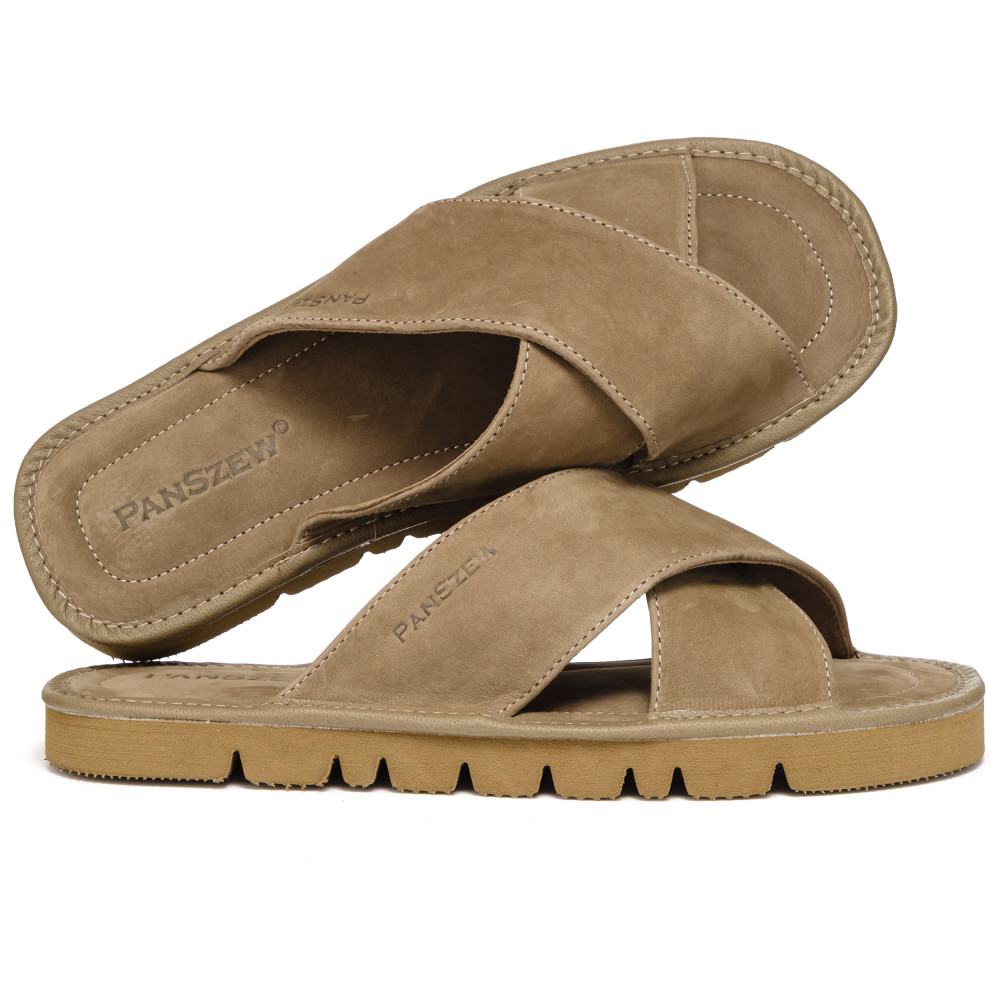 Klapki Męskie Skórzane z Nubuku Camel Kapcie Premium CROSSLINE PanSzew®