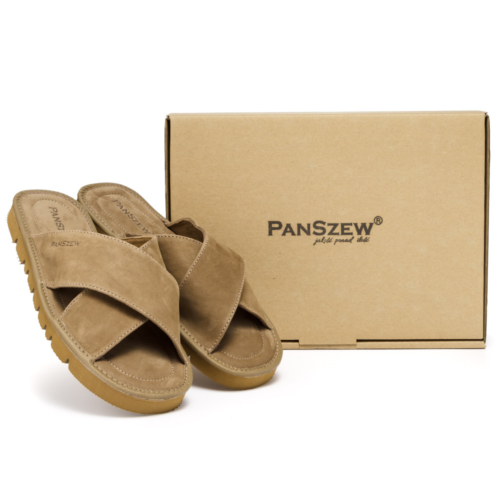 Klapki Męskie Skórzane z Nubuku Camel Kapcie Premium CROSSLINE PanSzew®