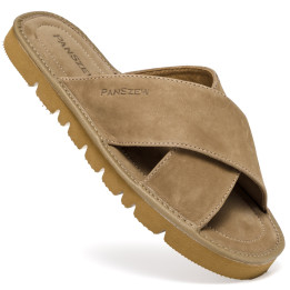 Klapki Męskie Skórzane z Nubuku Camel Kapcie Premium CROSSLINE PanSzew®