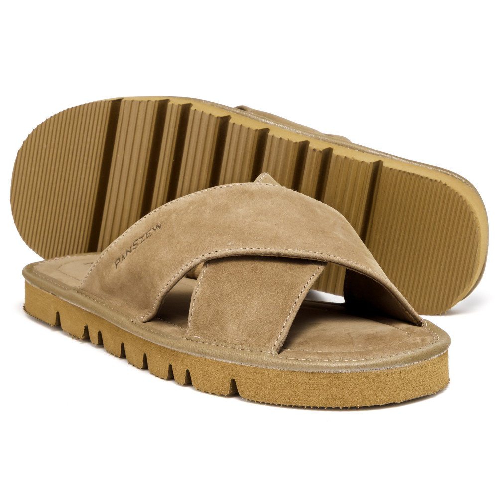 Klapki Męskie Skórzane z Nubuku Camel Kapcie Premium CROSSLINE PanSzew®