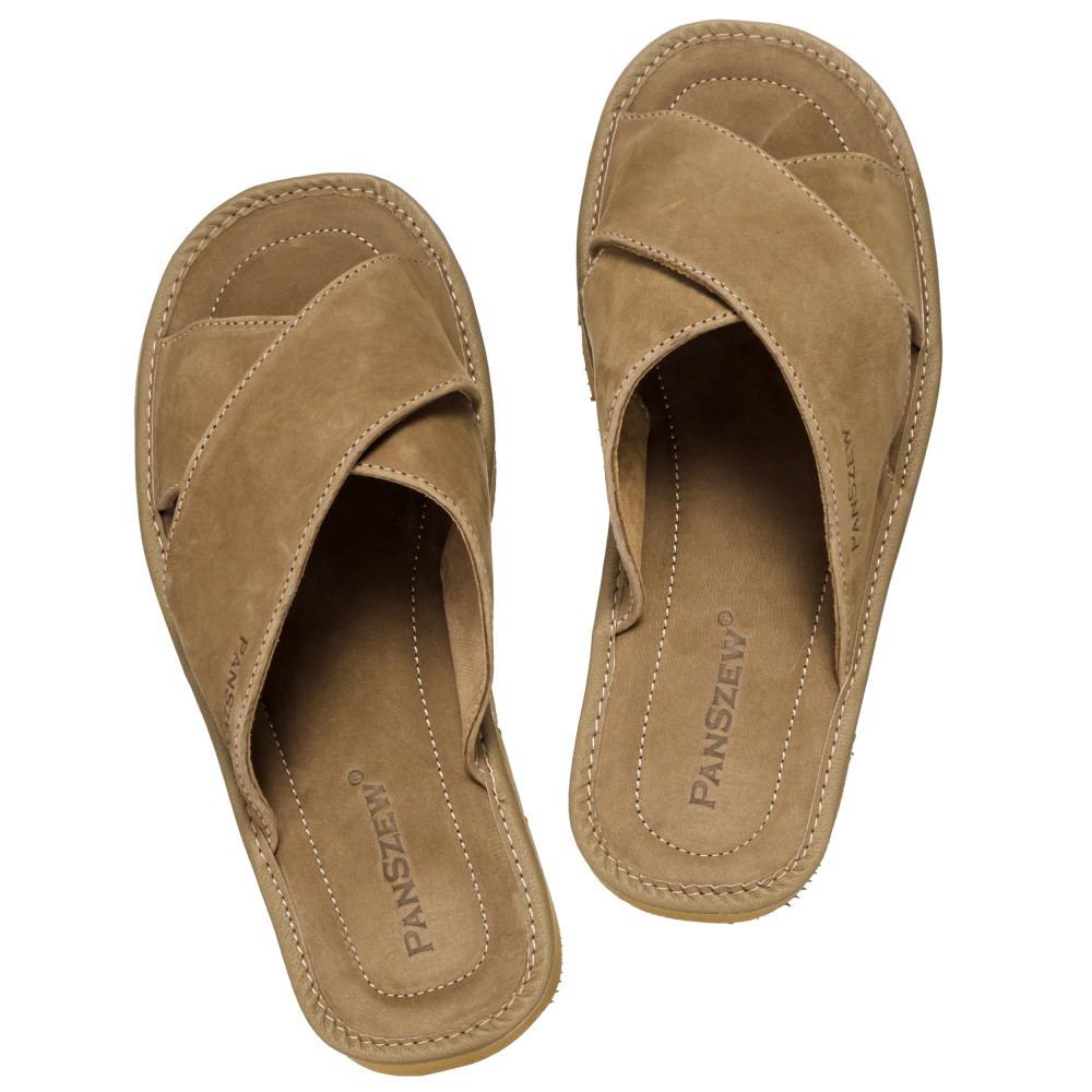 Klapki Męskie Skórzane z Nubuku Camel Kapcie Premium CROSSLINE PanSzew®