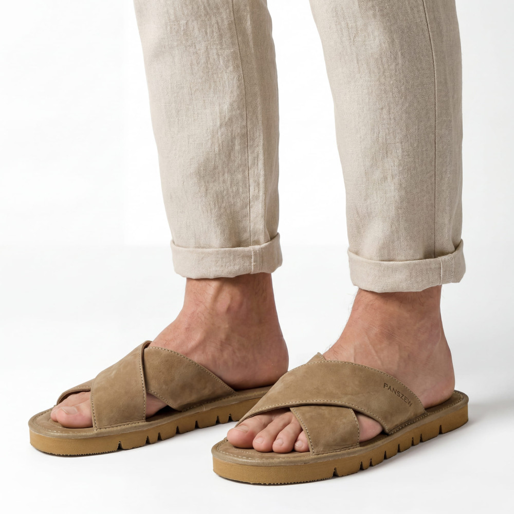 Klapki Męskie Skórzane z Nubuku Camel Kapcie Premium CROSSLINE PanSzew®