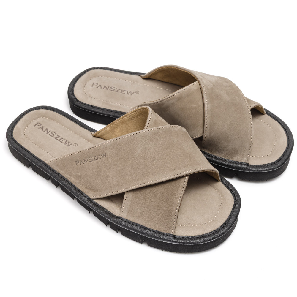 Klapki Męskie Skórzane z Nubuku Taupe Kapcie Premium CROSSLINE PanSzew®