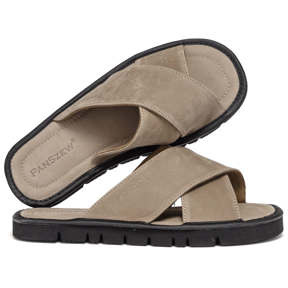 Klapki Męskie Skórzane z Nubuku Taupe Kapcie Premium CROSSLINE PanSzew®