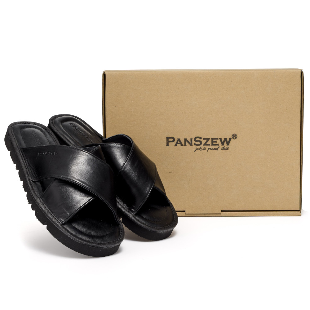 Klapki Męskie Skórzane Czarne Kapcie Premium CROSSLINE PanSzew®