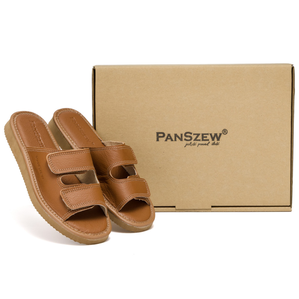 Kapcie Damskie Skórzane na Rzepy Camel Premium PanSzew®