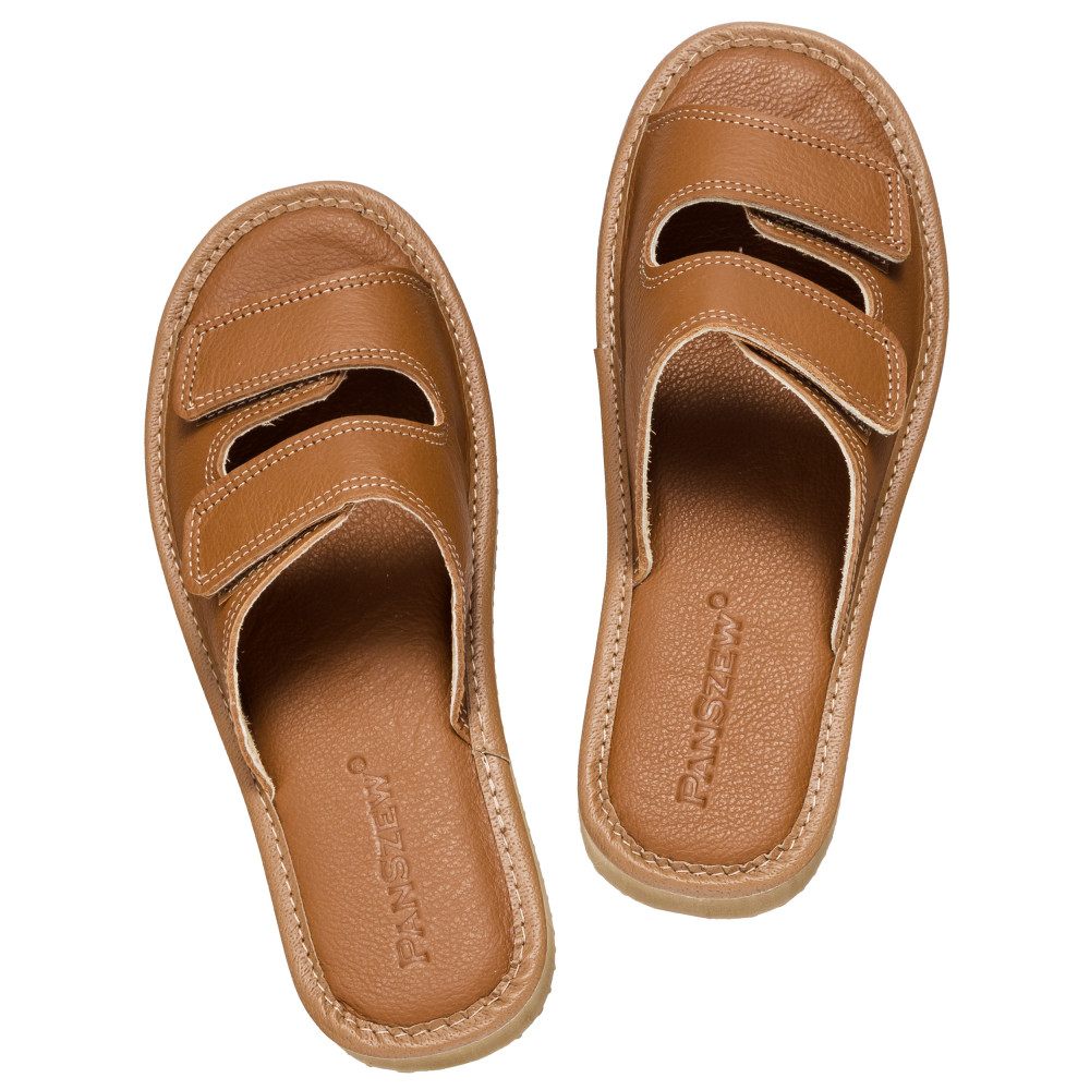 Kapcie Damskie Skórzane na Rzepy Camel Premium PanSzew®