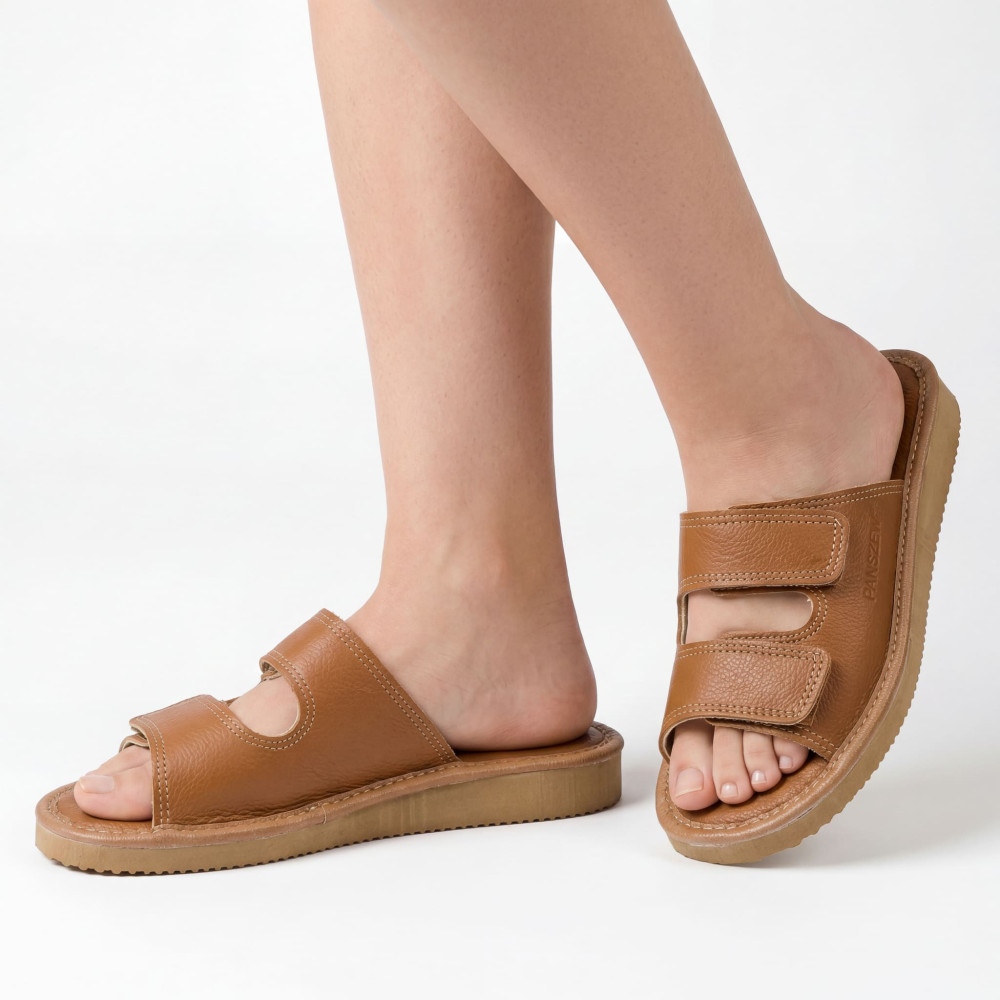 Kapcie Damskie Skórzane na Rzepy Camel Premium PanSzew®