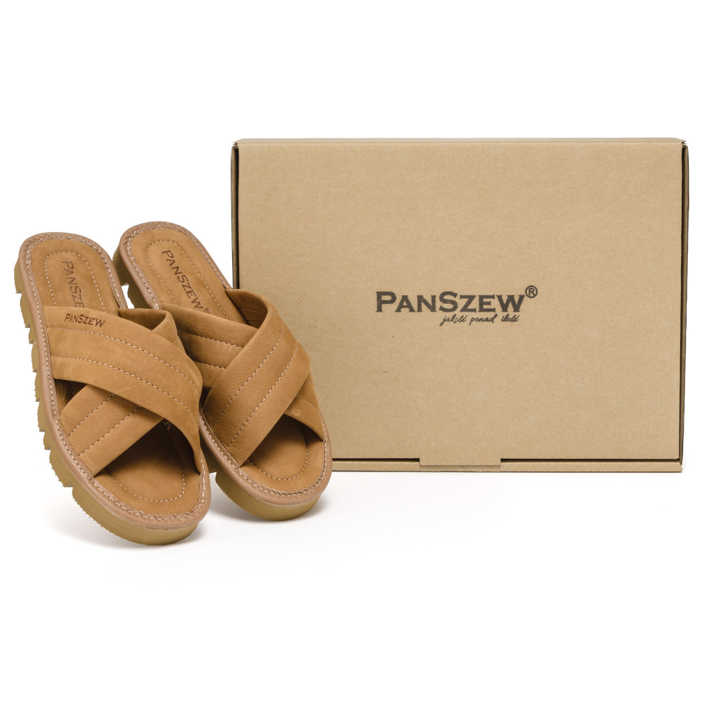 Klapki Damskie Skórzane z Nubuku Kapcie Camel Premium CROSSLINE PanSzew®