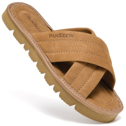 Klapki Damskie Skórzane z Nubuku Kapcie Camel Premium CROSSLINE PanSzew®
