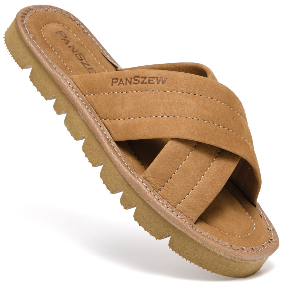 Klapki Damskie Skórzane z Nubuku Kapcie Camel Premium CROSSLINE PanSzew®