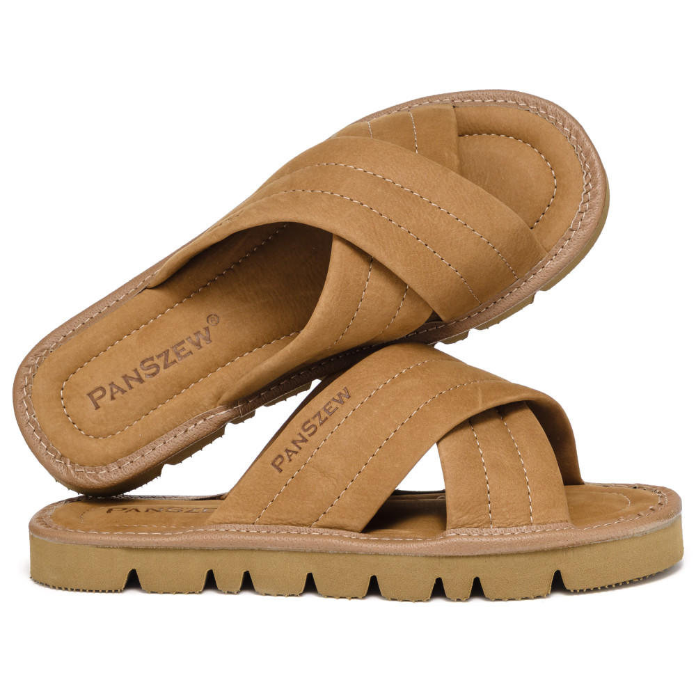 Klapki Damskie Skórzane z Nubuku Kapcie Camel Premium CROSSLINE PanSzew®