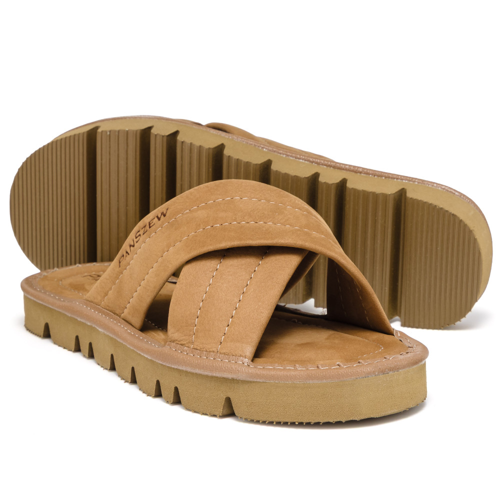 Klapki Damskie Skórzane z Nubuku Kapcie Camel Premium CROSSLINE PanSzew®