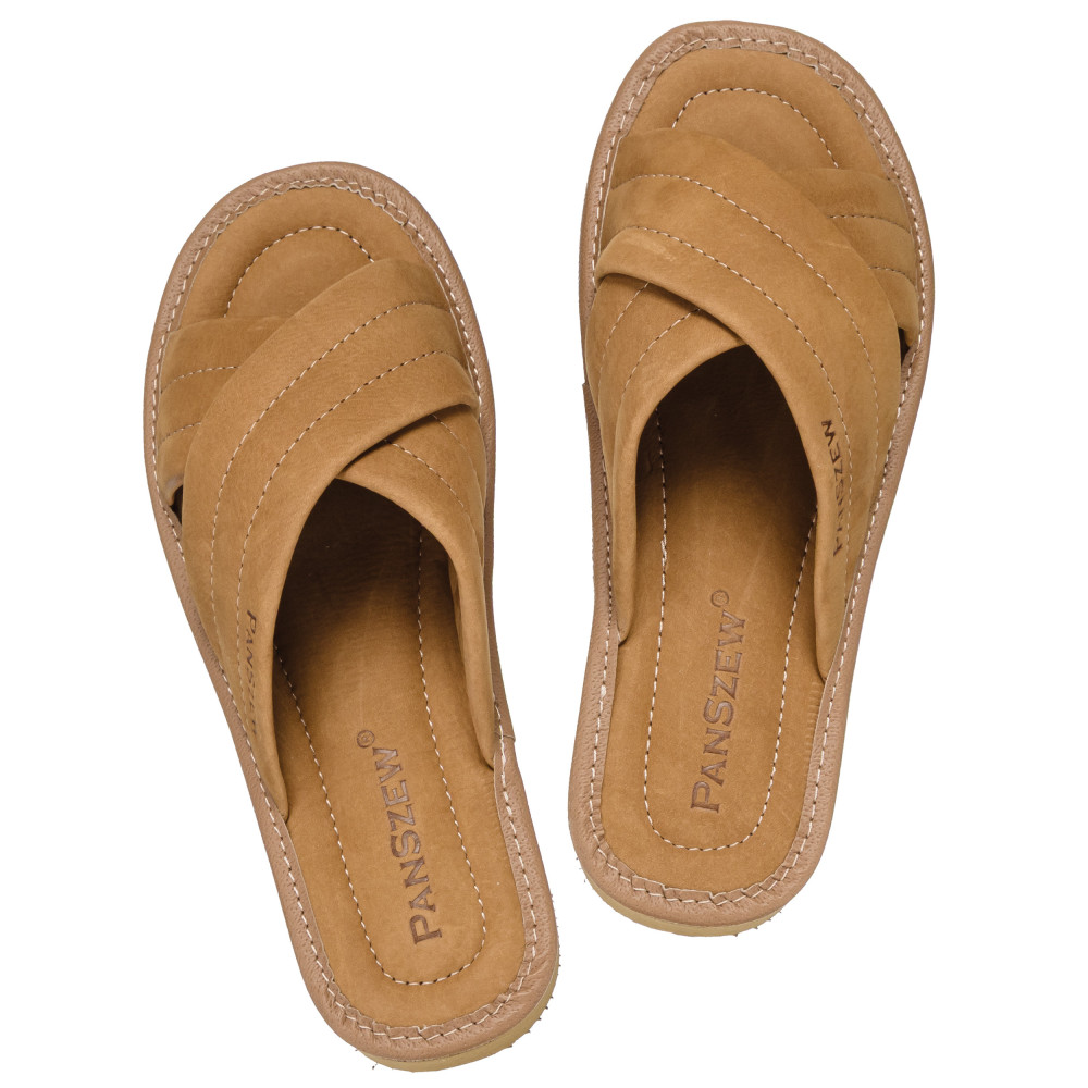 Klapki Damskie Skórzane z Nubuku Kapcie Camel Premium CROSSLINE PanSzew®